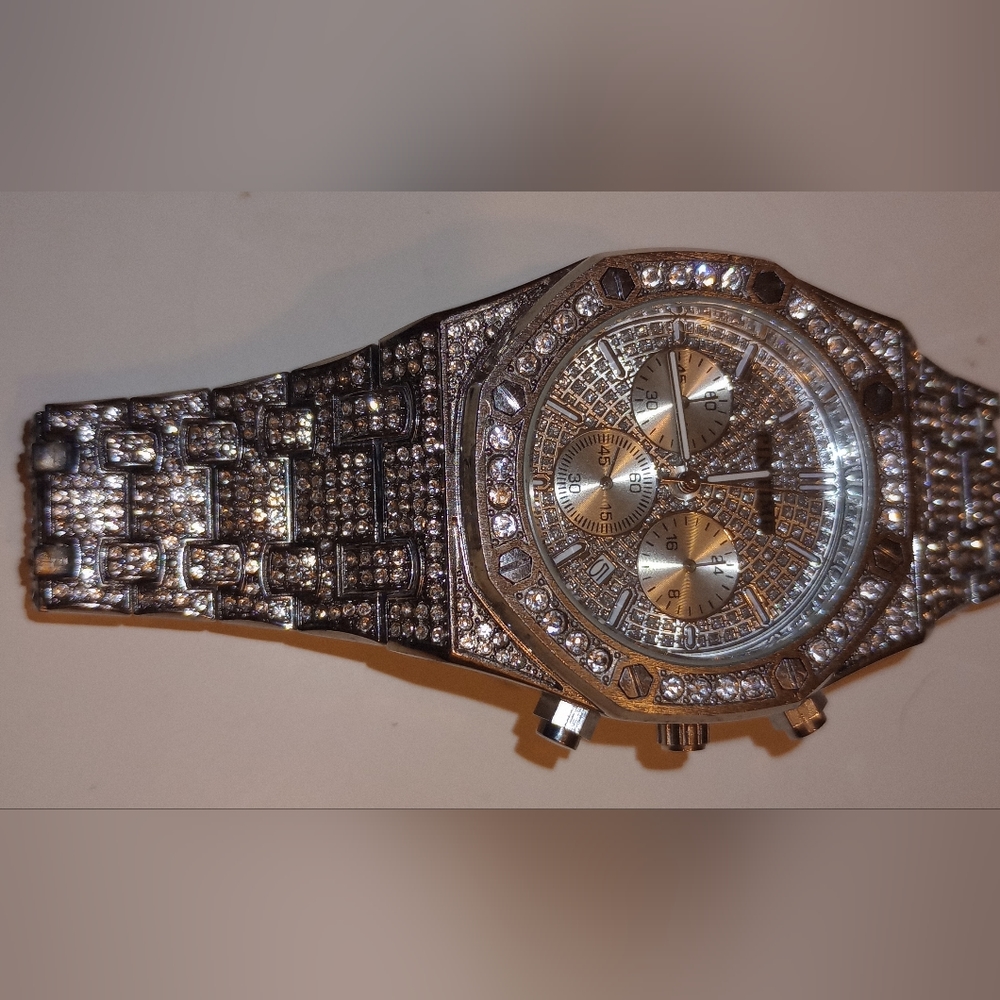 Mens bling crystal embrlished silver and diamond watch